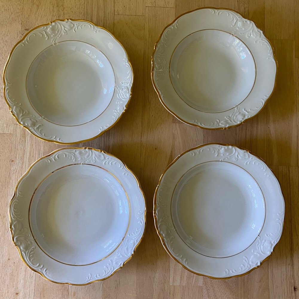 Vintage Walbrzych Glory gold rimmed China soup bowls. Set of 4.